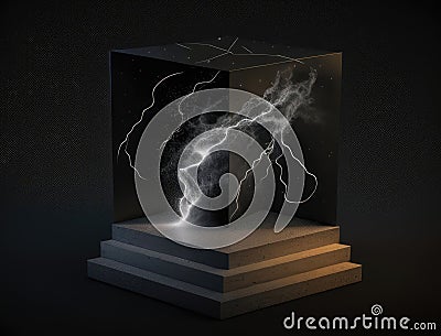 Sparks waves and ripples in a dark energy. Podium, empty showcase for packaging product presentation, AI generation Stock Photo