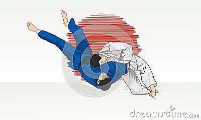 Sparring between two wrestlers in blue and white kimonos Vector Illustration