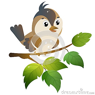 Sparrow. Color image of cartoon bird on branch on white background. Vector illustration for kids Vector Illustration