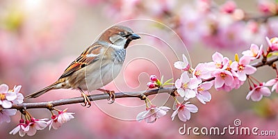 Sparrow Perched on Sakura Branch in Bloom Generative By AI Stock Photo