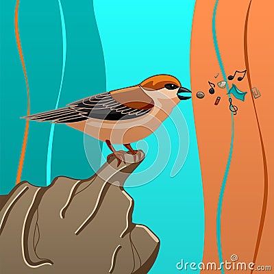 Sparrow with trash on stone on a colorful background Vector Illustration