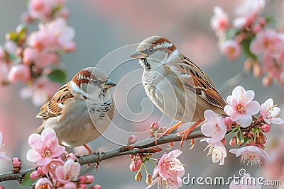 Sparrows Find Refuge Amid Blossoming Flowers on Tranquil Spring Branch Stock Photo