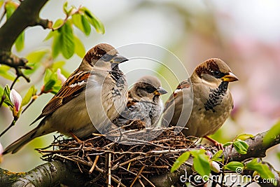 Sparrows Nesting in Springtime Tree Branch. Stock Photo