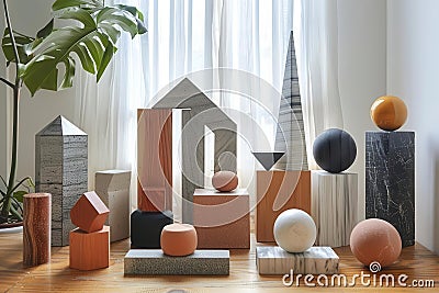 A sparse arrangement of geometric shapes or objects, creating a sense of spaciousness and tranquility Stock Photo
