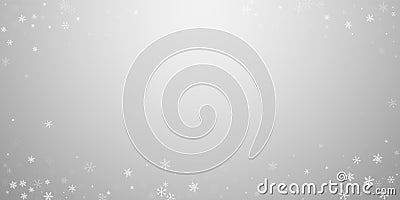 Sparse snowfall Christmas background. Subtle flying snow flakes and stars on light grey background. Vector Illustration