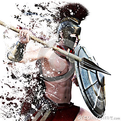 Spartan attack,illustration of a Spartan warrior in Battle dress attacking on a white background with splatter effect. Cartoon Illustration