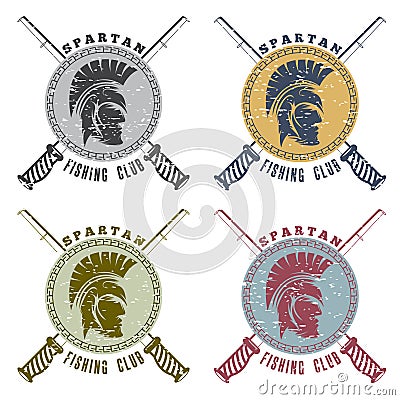 spartan fishing club labels with warrior head Vector Illustration