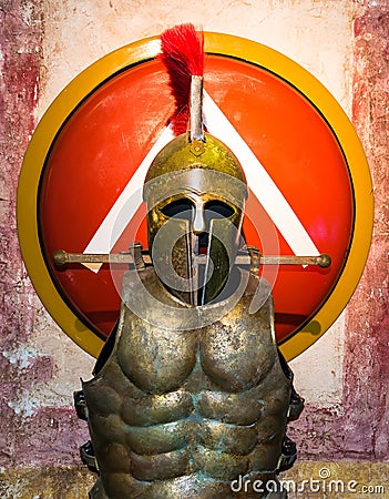Spartan helmet, armor and shield Stock Photo