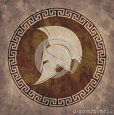 Spartan helmet an icon on old paper in style grunge, is issued in antique Greek style. Vector Illustration