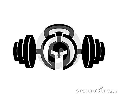 Spartan helmet inside in the kettle bell and dumbbell Vector Illustration