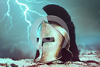 Spartan Helmet with lighting bolts Stock Photo
