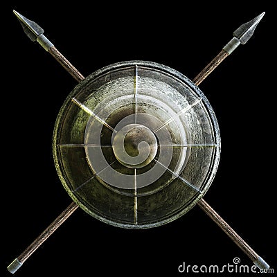 Spartan shield with cross spears symbol on a black background. Cartoon Illustration