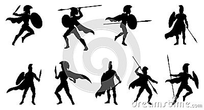 Spartan Silhouette Gladiator Trojan Warrior Set Vector Illustration