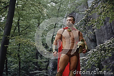 Spartan warrior in the woods Stock Photo