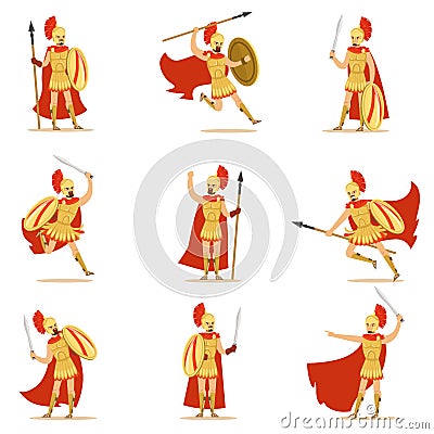 Spartan Soldier In Golden Armor And Red Cape Set Of Vector Illustrations With Greek Military Hero In The Fight Vector Illustration