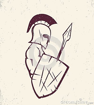 Spartan with spear and shield, warrior in helmet Vector Illustration