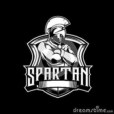 SPARTAN WARRIOR CARTOON CHARACTER BLACK AND WHITE WITH SHIELD VECTOR LOGO Vector Illustration