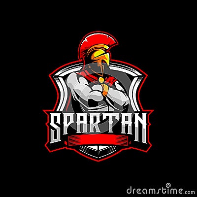 SPARTAN WARRIOR CARTOON CHARACTER WITH SHIELD VECTOR LOGO Vector Illustration