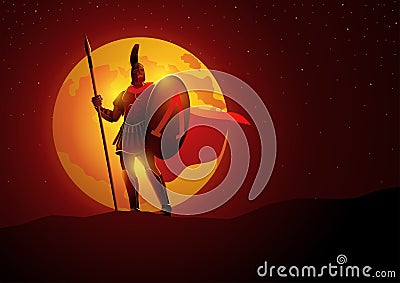 Spartan warrior with his shield and spear standing gallantly against full moon Vector Illustration