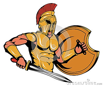 Spartan Warrior Mascot Graphic, roman warrior with a traditional weapon, spartan warrior in gold armor, suitable as logo or team Vector Illustration