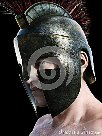 Spartan warrior wearing traditional helmet . Angled profile looking toward the camera on a black background. 3d render Stock Photo