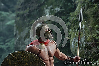 Spartan warrior in the woods Stock Photo