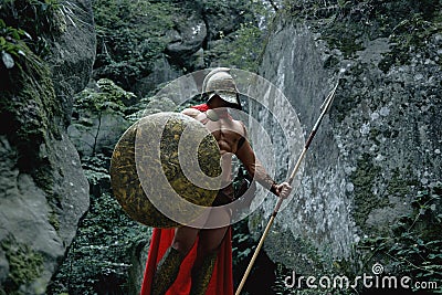 Spartan warrior in the woods Stock Photo