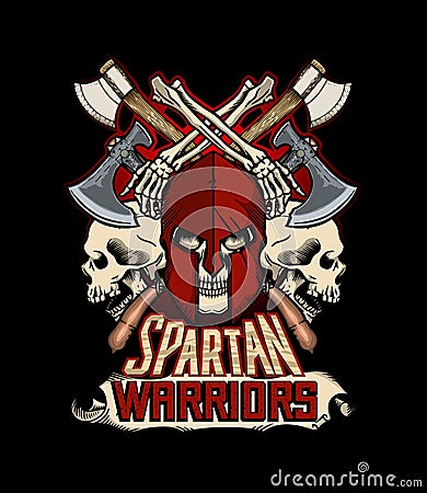 Spartan warriors Skull Head - Skull in armor, fighting axes - T-Shirt design - vector illustration - Black version Vector Illustration