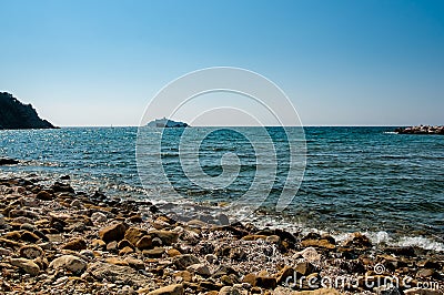 View of Sparviero Island from Punta Ala beach, province of Grosseto, Tuscany Stock Photo