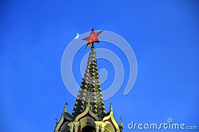 Spasskaya clock tower of Moscow Kremlin and halfmoon. Popular landmark. Stock Photo