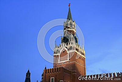 Spasskaya clock tower of Moscow Kremlin at night Stock Photo