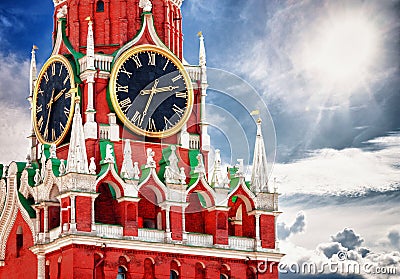 Spasskaya tower with clock. Russia, Red square, Moscow Stock Photo