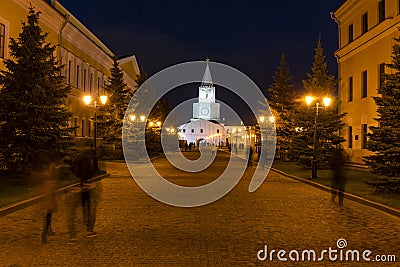 Spasskaya Tower Kazan Night with People Editorial Stock Photo