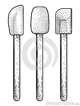 Spatula, spoon, cream, cake, warm, silicone, wood, mousse, decoration, engraving, drawing, illustration Vector Illustration