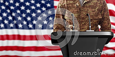 Speaker in an American military uniform, standing on a USA flag background. 3d illustration Cartoon Illustration