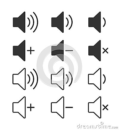 Speaker audio vector icon set. Volume voice control on off mute symbol. Flat application interface sound sign button. Vector Illustration