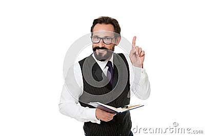 Speaker business conference isolated white. Man formal clothes hold notepad white explain business topic. Business Stock Photo