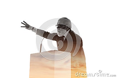 Speaker, coach or chairman during politician speech on white background Stock Photo