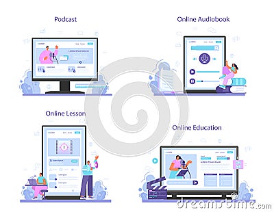 Speaker online service or platform set. Voice actor dubbing a movie Cartoon Illustration