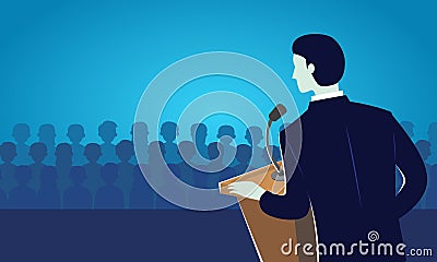 Speaker person making speech on stage, politician doing public communication on podium to his people Vector Illustration