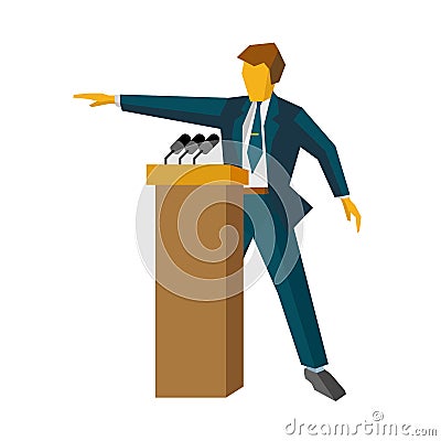 Speaker at podium. Man standing at rostrum with microphones Vector Illustration