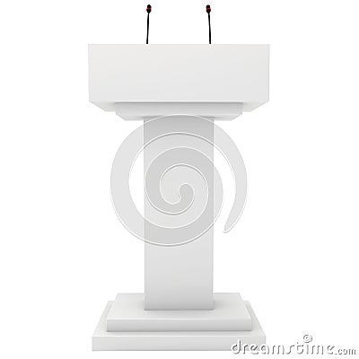 Speaker podium tribune rostrum stand with microphones. 3d render isolated on white background. Debate, press conference. Stock Photo