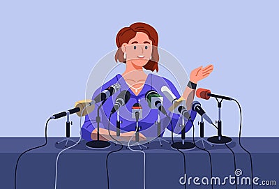 Speaker at press conference table, announcing information, giving comment, making statements in many microphones, mics Vector Illustration