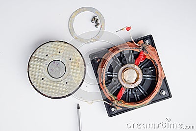 Speaker repair, disassembled speaker. High-frequency speaker 6GDV-7-16 on white background. A component of a three-way speaker Stock Photo