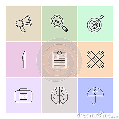 speaker , search , dart , knife , clipboard ,firstaid , brain , Vector Illustration