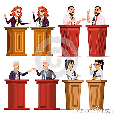 Speaker Set Vector. Man, Woman Giving Public Speech. Businessman, Politician. Debates. Presentation. Isolated Flat Vector Illustration