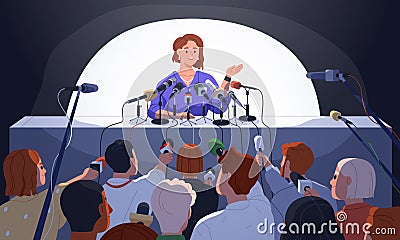 Speaker at table at press conference. Official meeting, interview, communication with journalists, mass media. Person Vector Illustration