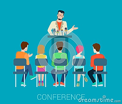 Speaker on tribune and people listening - conference vector flat Vector Illustration