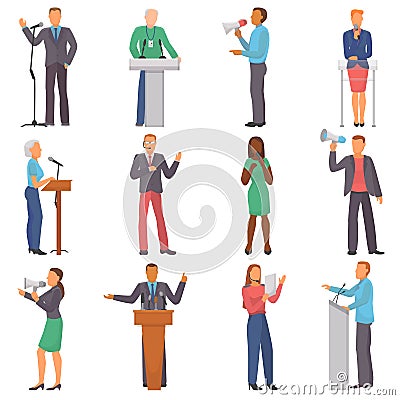 Speaker vector people characters speaking at business event or on conference presentation illustration set of man or Vector Illustration