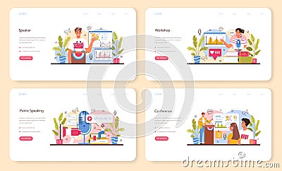 Speaker web banner or landing page set. Rhetoric or elocution specialist Vector Illustration